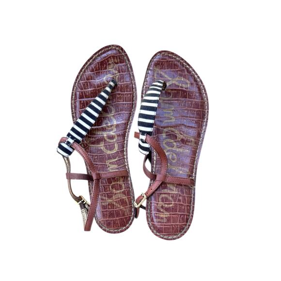 Sam Edelman Gigi Brown Croc Leather Sandals Black White Stripe Thong Flats 9M - Picture 1 of 3